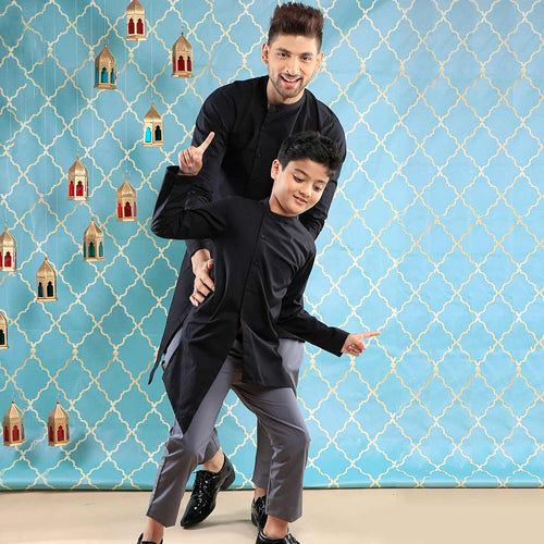 Black Stylish Kurta With Grey Pajama Set For Father-Son