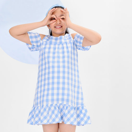 Blue Off Shoulder Flared Girls Dress