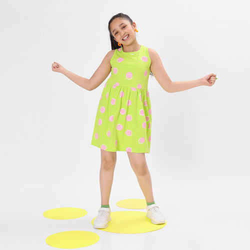 Girls Printed Sleeveless Neon Green Casual Jersey Dress