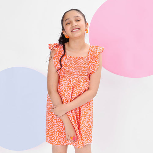 Girls Printed Orange CasualCotton Dress With Frilled Sleeves