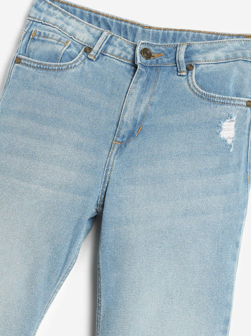 Girls Jean Straight Fit Mildly Distressed Light Fade Cotton Jeans