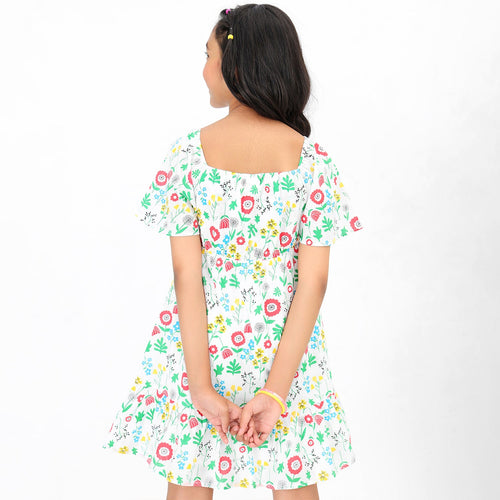 Girls Printed Smocked Multicolor Casual Cotton Dress