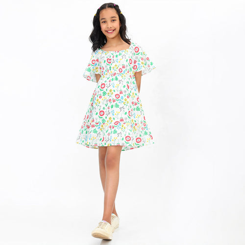Girls Printed Smocked Multicolor Casual Cotton Dress