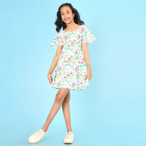 Girls Printed Smocked Multicolor Casual Cotton Dress