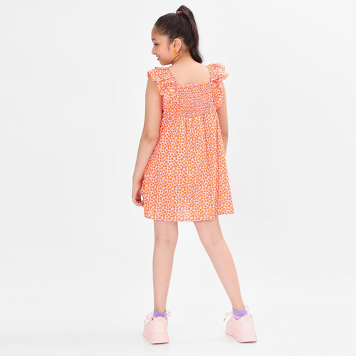 Girls Printed Orange CasualCotton Dress With Frilled Sleeves