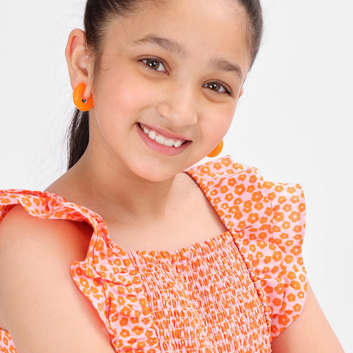 Girls Printed Orange CasualCotton Dress With Frilled Sleeves