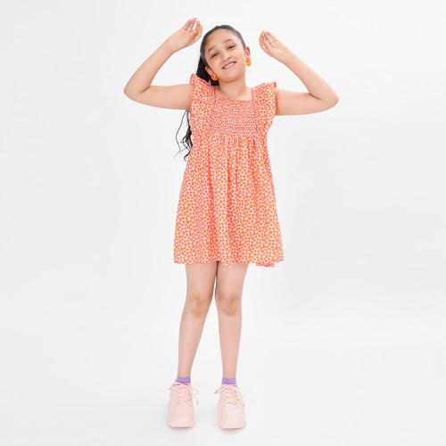Girls Printed Orange CasualCotton Dress With Frilled Sleeves