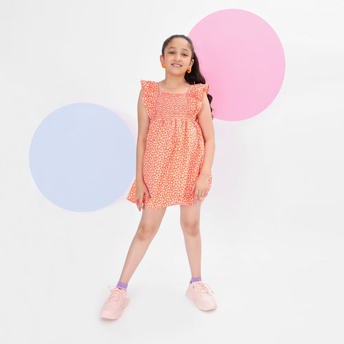 Girls Printed Orange CasualCotton Dress With Frilled Sleeves