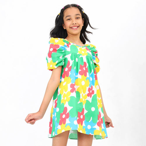 Ruffle Sleeve ColourFull Girls Dress