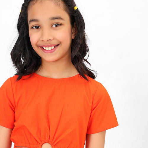 Girls Soid Cutout Structured Orange Cotton Dress