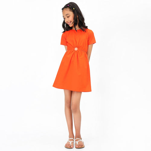 Girls Soid Cutout Structured Orange Cotton Dress