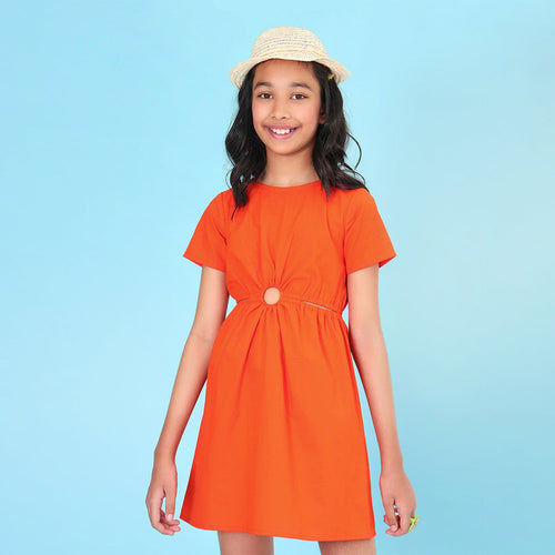 Girls Soid Cutout Structured Orange Cotton Dress