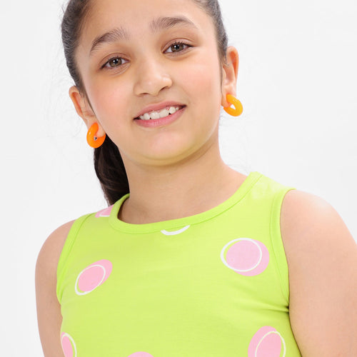 Girls Printed Sleeveless Neon Green Casual Jersey Dress