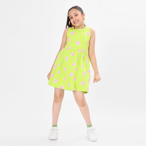 Girls Printed Sleeveless Neon Green Casual Jersey Dress