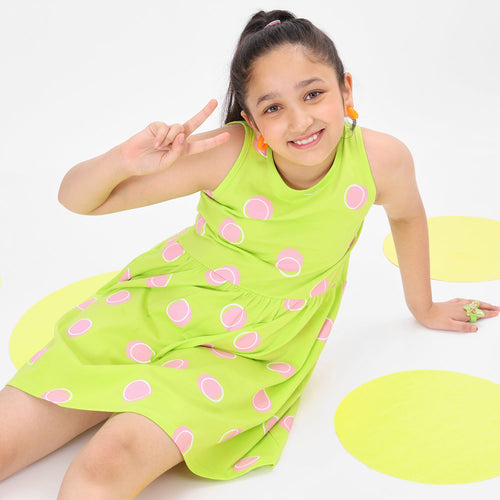 Girls Printed Sleeveless Neon Green Casual Jersey Dress