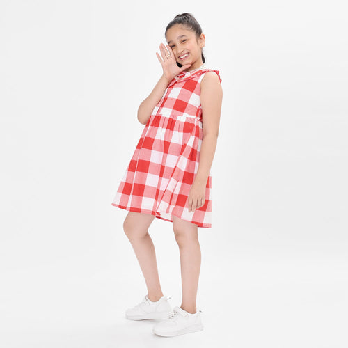 Girls Checks Red And White Dress