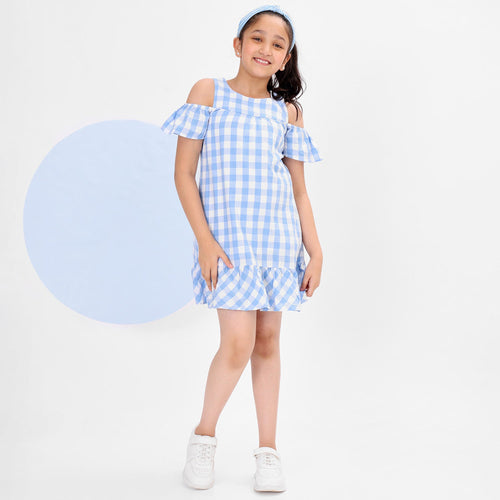 Blue Off Shoulder Flared Girls Dress