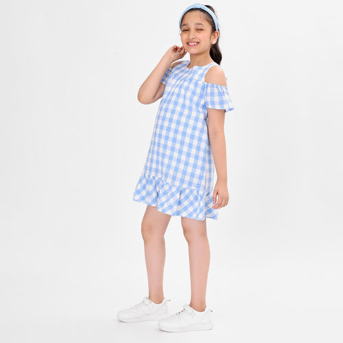 Blue Off Shoulder Flared Girls Dress