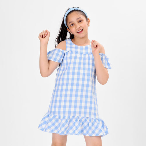 Blue Off Shoulder Flared Girls Dress
