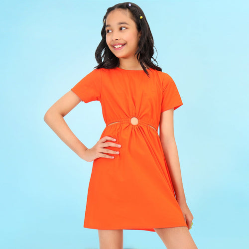 Girls Soid Cutout Structured Orange Cotton Dress