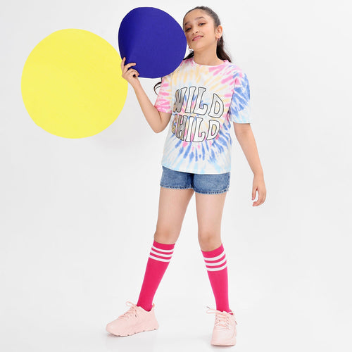 Girls oversized Regular Leangth Tie & Dyi Printed Cotton Tshirt