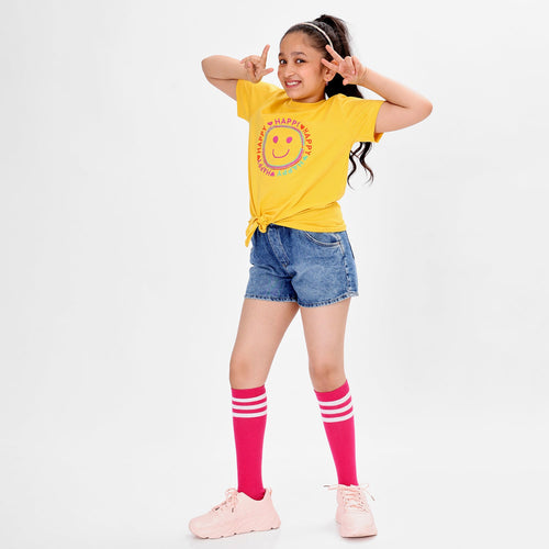 Girls Knotted Printed Yellow Cotton Tshirt