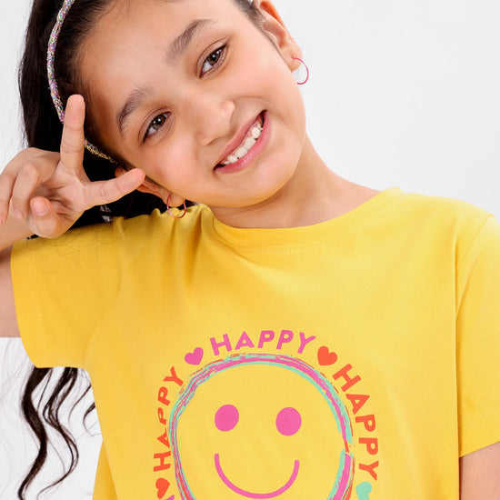 Girls Knotted Printed Yellow Cotton Tshirt