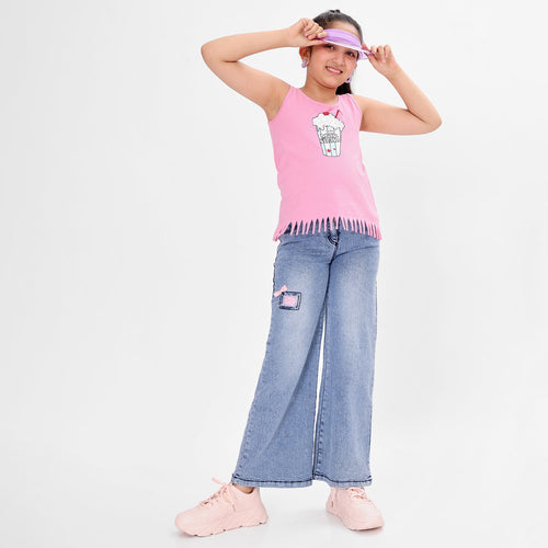 Girls Fringed Embonished Sleeveless Cotton Tshirt