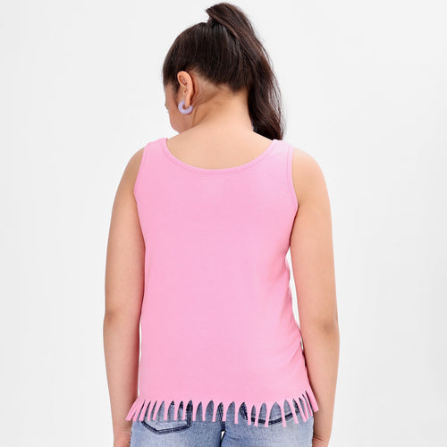 Girls Fringed Embonished Sleeveless Cotton Tshirt