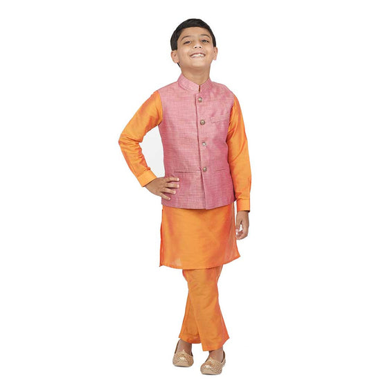 Pink bandi with orange kurta & pyjama for father-son