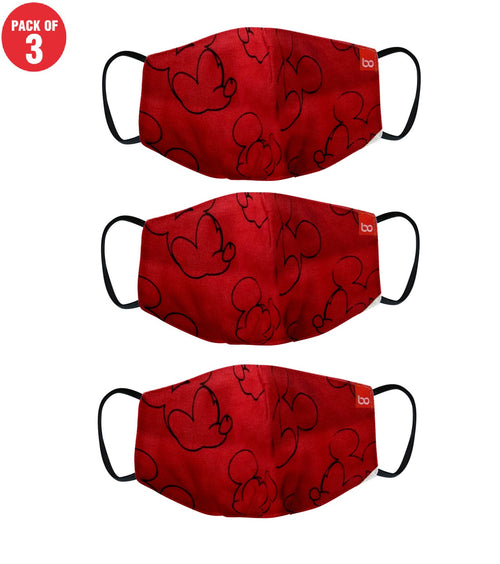 Kids Red Micky Mouse Printed Protective Masks( Set Of 3)