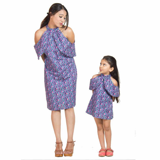 Mother-Daughter Navy Blue Off Shoulder Shift Dress