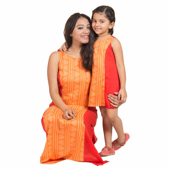 Orange Tribal Print Front paneled Long Dress