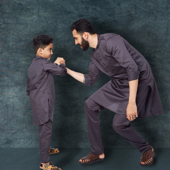 Grey concealed placket kurta/pyjama set for father son