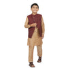 Brown printed bandi with dark golden kurta & pyjama for father-son