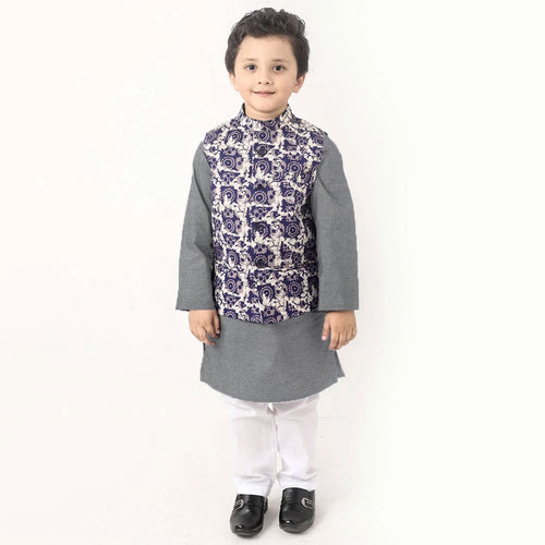 Pattern Bandi With Light Grey Kurta/White Pyjama Set For Son