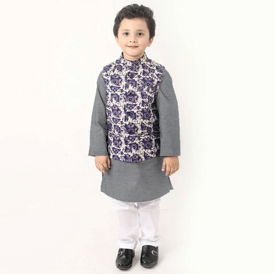 Pattern Bandi With Light Grey Kurta/White Pyjama Set For Son