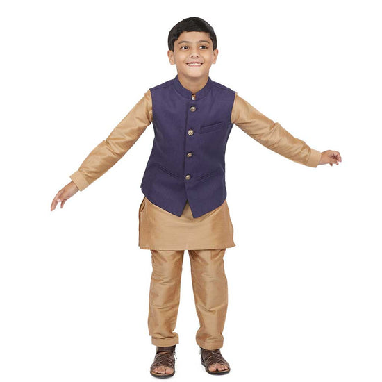 Purple bandi with golden kurta & pyjama for father-son