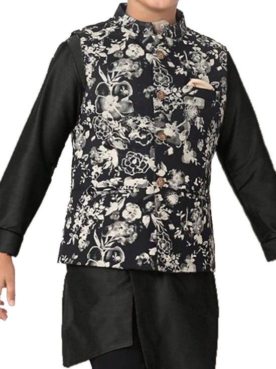 Boys Premium Black Floral Print Bandi/Ethnic Waist Coat