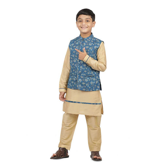 Printed teal blue bandi with light gold kurta & pyjama for father-son