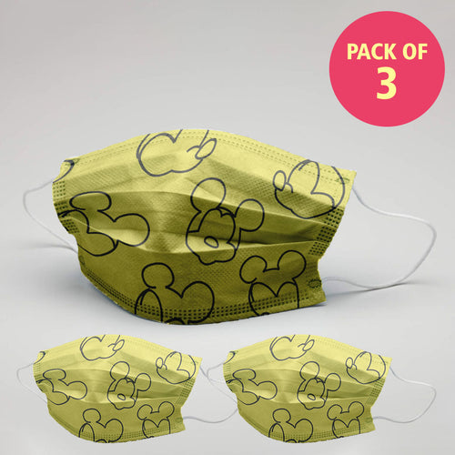 Kids Yellow Micky Mouse Printed Protective Masks( Set Of 3)