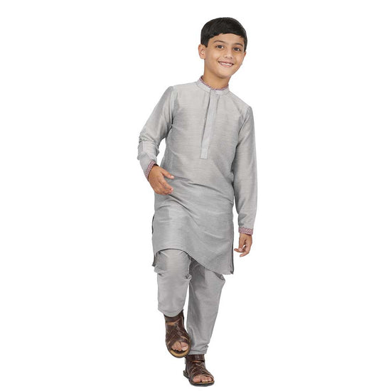 Grey Concealed placket kurta & Pyjama set for father-son