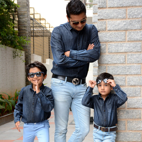 Father-Son Dark blue denim Full sleeve Shirt