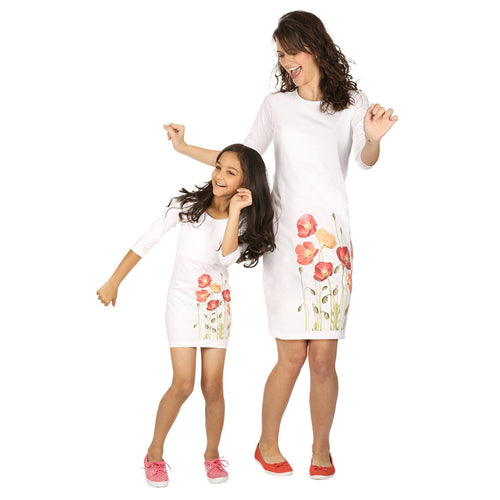 Digital floral print knitted short dress for mom daughter