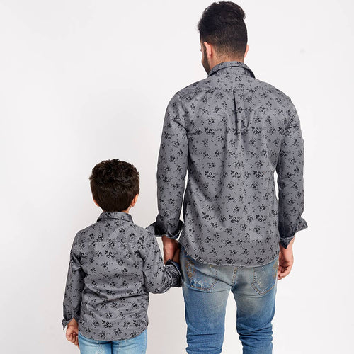 Black Floral On Grey, Matching Shirts For Dad And Son