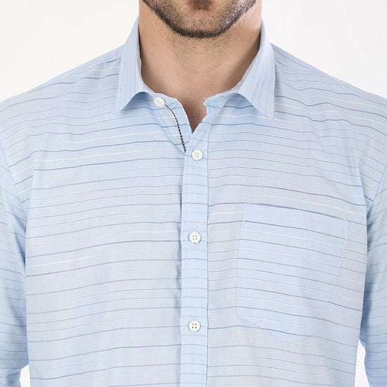 Light Blue Horizontal Stripes Full Sleeves Shirts For Men