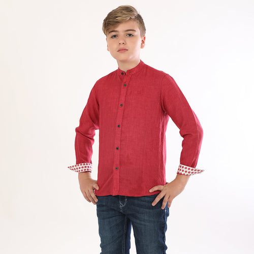 Quilted Mandarin Red Collar Linen Shirt For Father-Son For Son