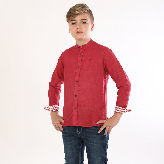 Quilted Mandarin Red Collar Linen Shirt For Father-Son For Son