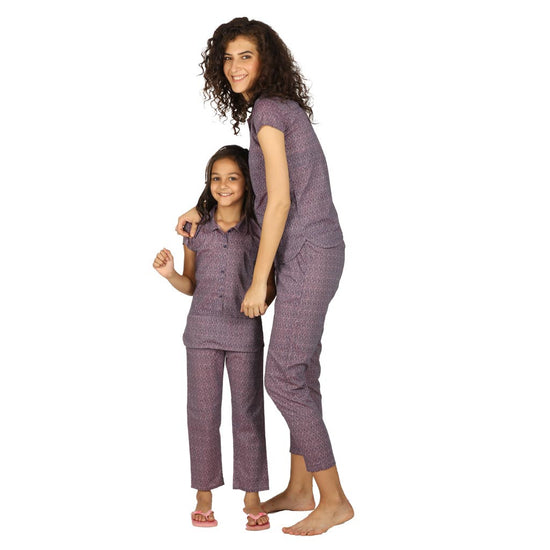 Soft Cotton Printed Hal Sleeve Sleepwear Set For Mom & Daughter