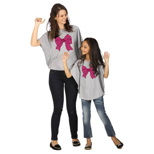 Bow Tie Gray Kimono Sleeve Printed Top For Mom Daughter